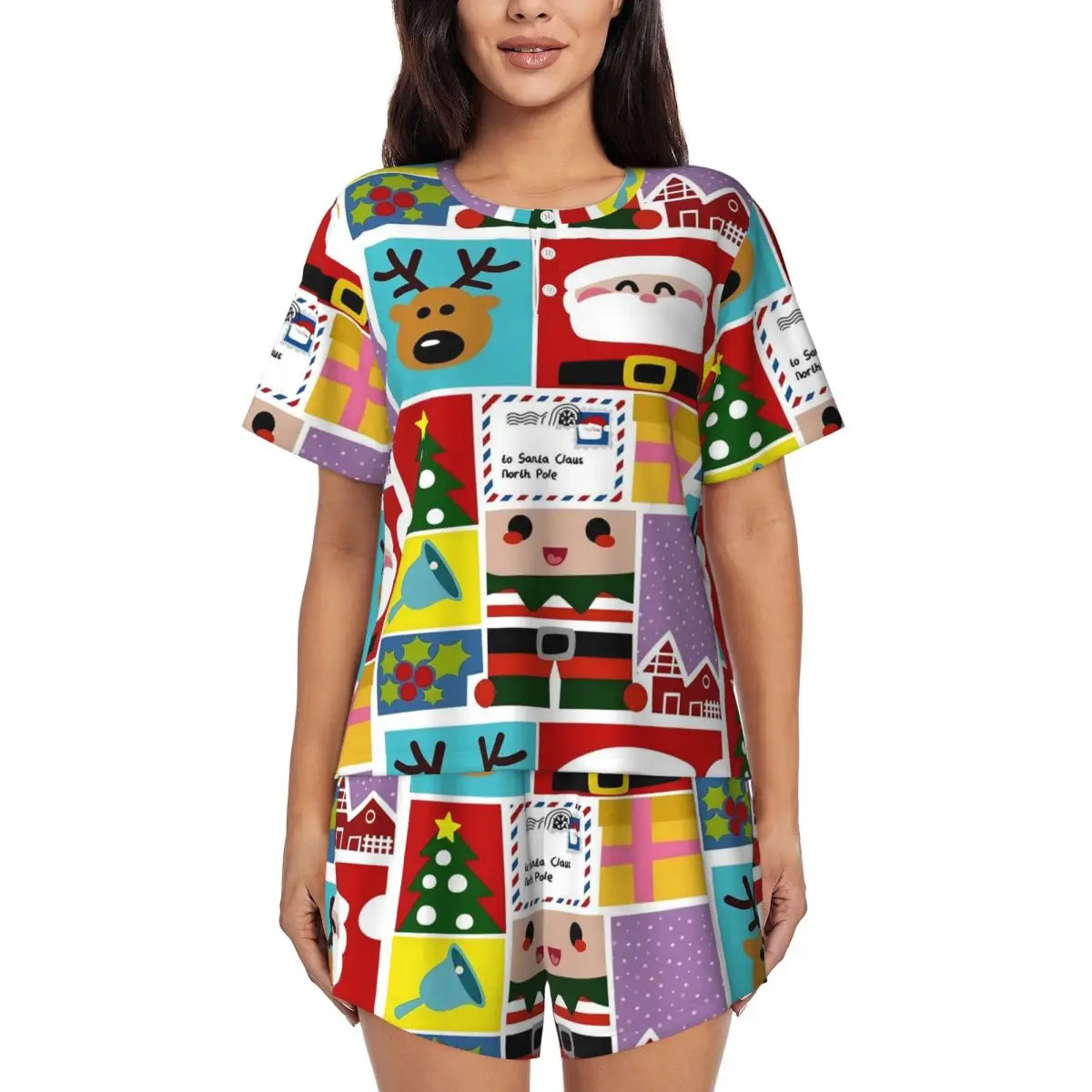 

Рождественские пижамы Xmas Element Patchwork Sleep O Neck Домашний костюм Женский комплект из 2 предметов Дизайнерские элегантные пижамные комплекты с короткими рукавами