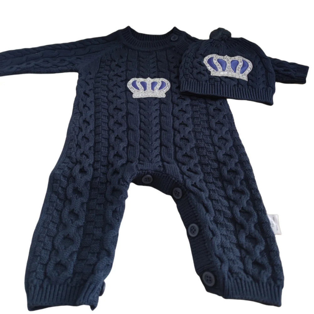 Dollbling 2023 Winter New Crochet Baby Romper Set Newborn Boy Christmas Gift Box Knit Royal Blue Bling Crown Romper Bonnet Set