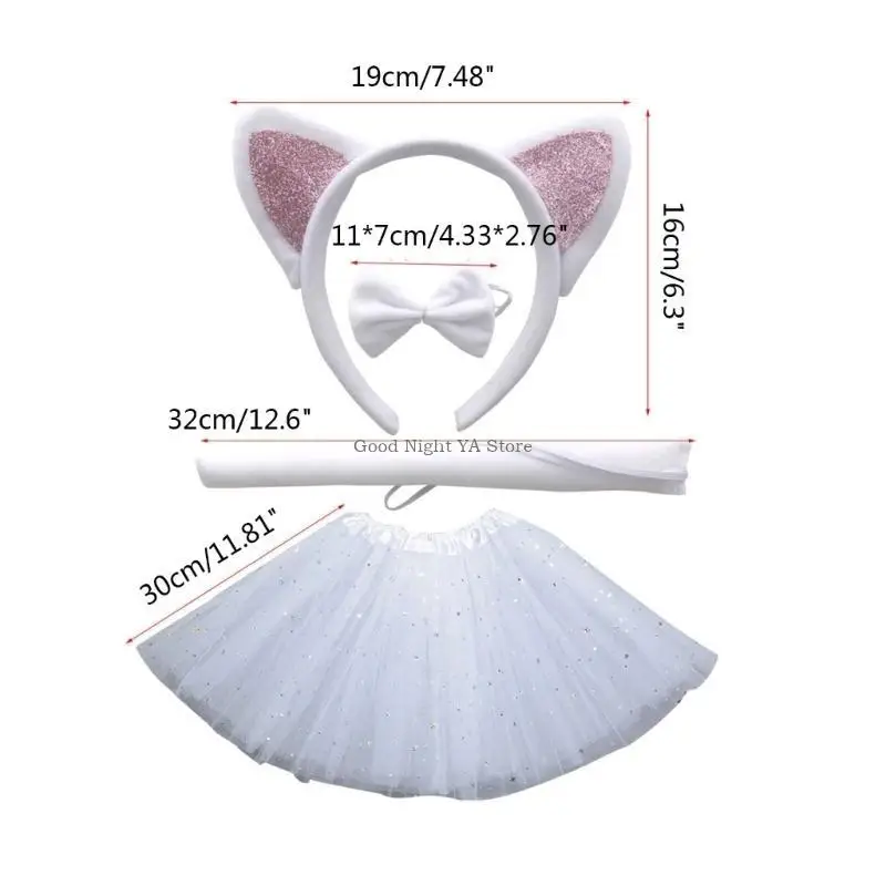 1/3/4Pcs Cats-Costume for Kids-Girls-Cat Ears Headband Tail Bowtie Cat-Tail Tutu Skirt Animal Cosplay Accessories Props