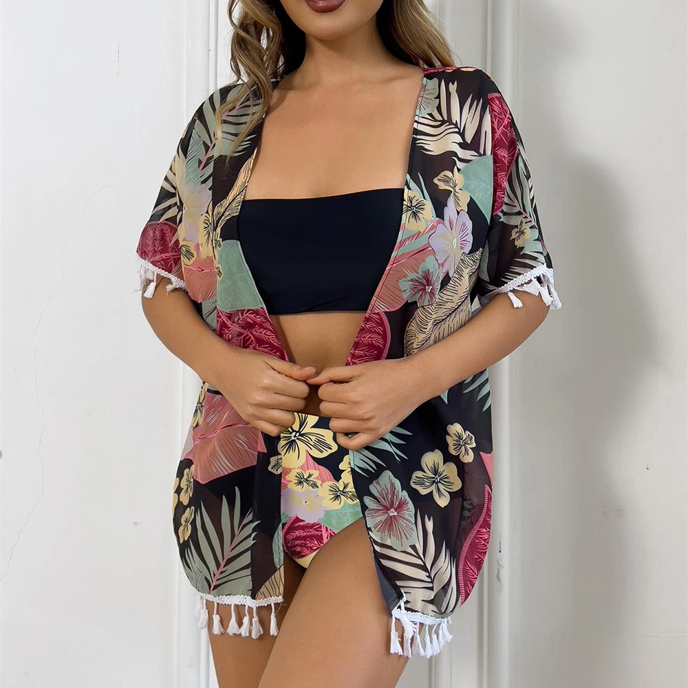 

3 шт., бикини 2025 с кисточками, кимоно, купальник с высокой талией, женский купальник, женский купальный костюм, пляжная одежда, лето