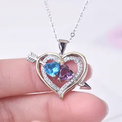 925 Sterling Silver Heart to Heart Pendant Necklaces for Women Girls Luxury Purple Blue Zircon Love Female Jewelry Dropshipping