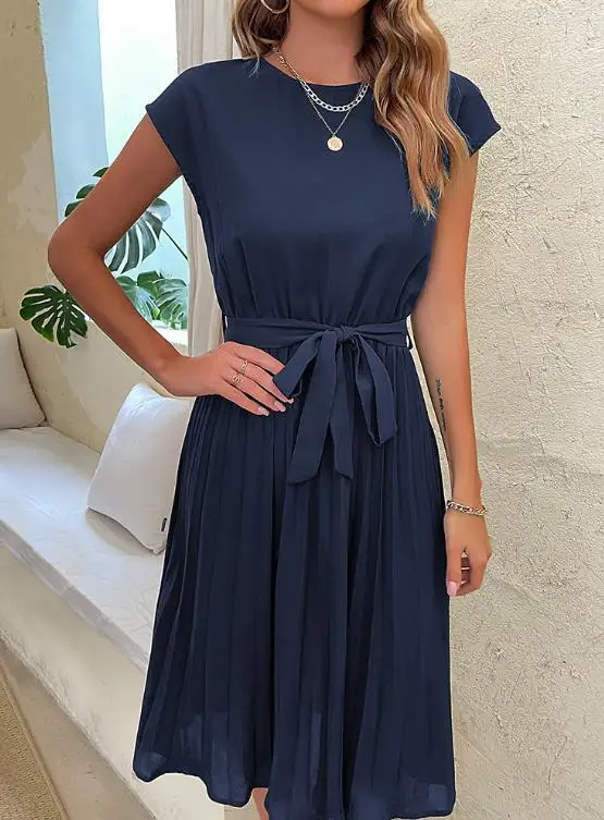 

Summer Versatile and Simple Mid Length Dress Casual Lace Up Solid Color Pleated Dress Commuting Slim Fit Elegant Dress for Women