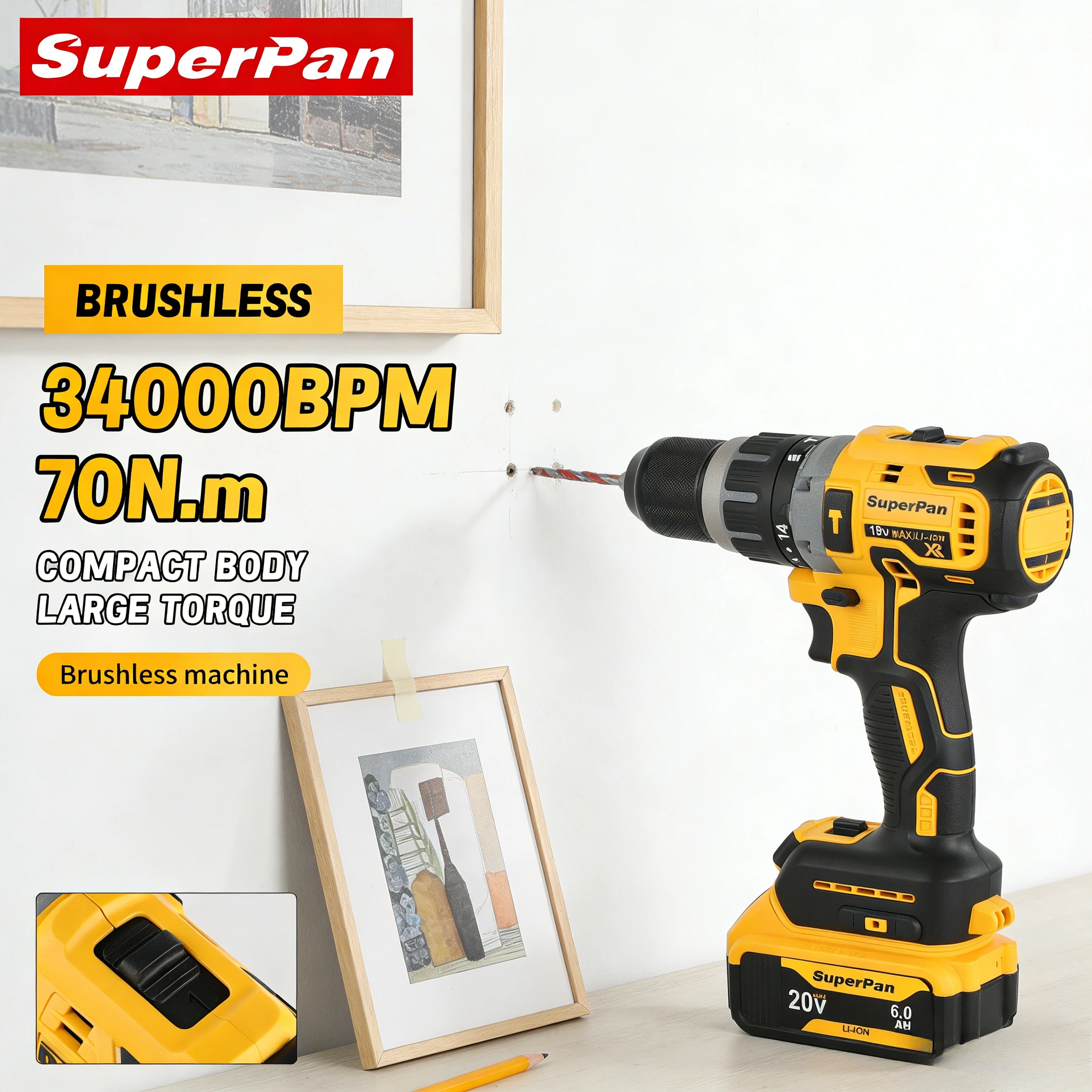 

Аккумуляторная бесщеточная дрель SuperPan DCD796 70Нм 0-2200 об/мин 40/13/13мм для крепления книжных полок, совместимая с аккумулятором Dewalt 20В