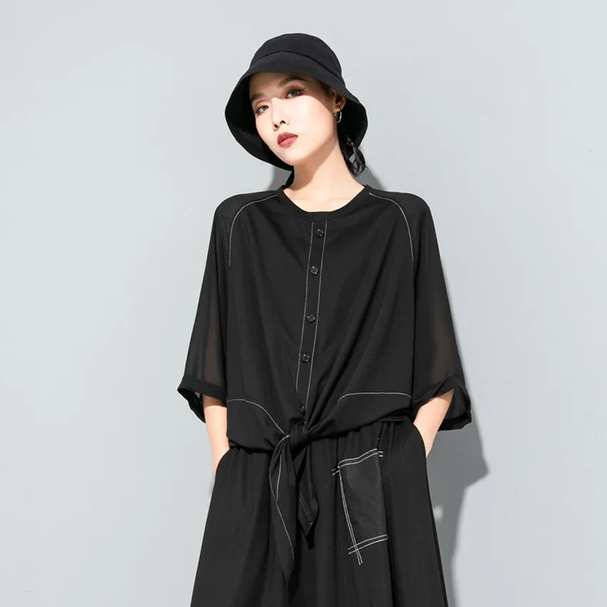 

2026 New Summer Women's Dark Minimalist Style T Shirt Chiffon Splicing Bow Decor Loose Plus Size Cool Casual Tops