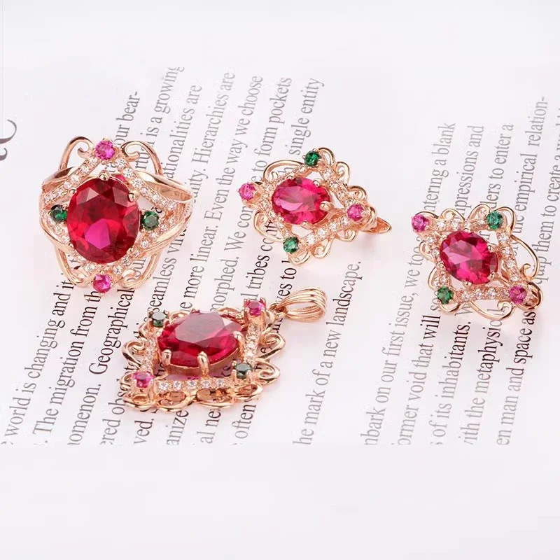 Fashionable luxury inlaid color crystal rhombus Jewelry Sets 585 purple gold ruby Earrings for Women rings plating 14K rose gold