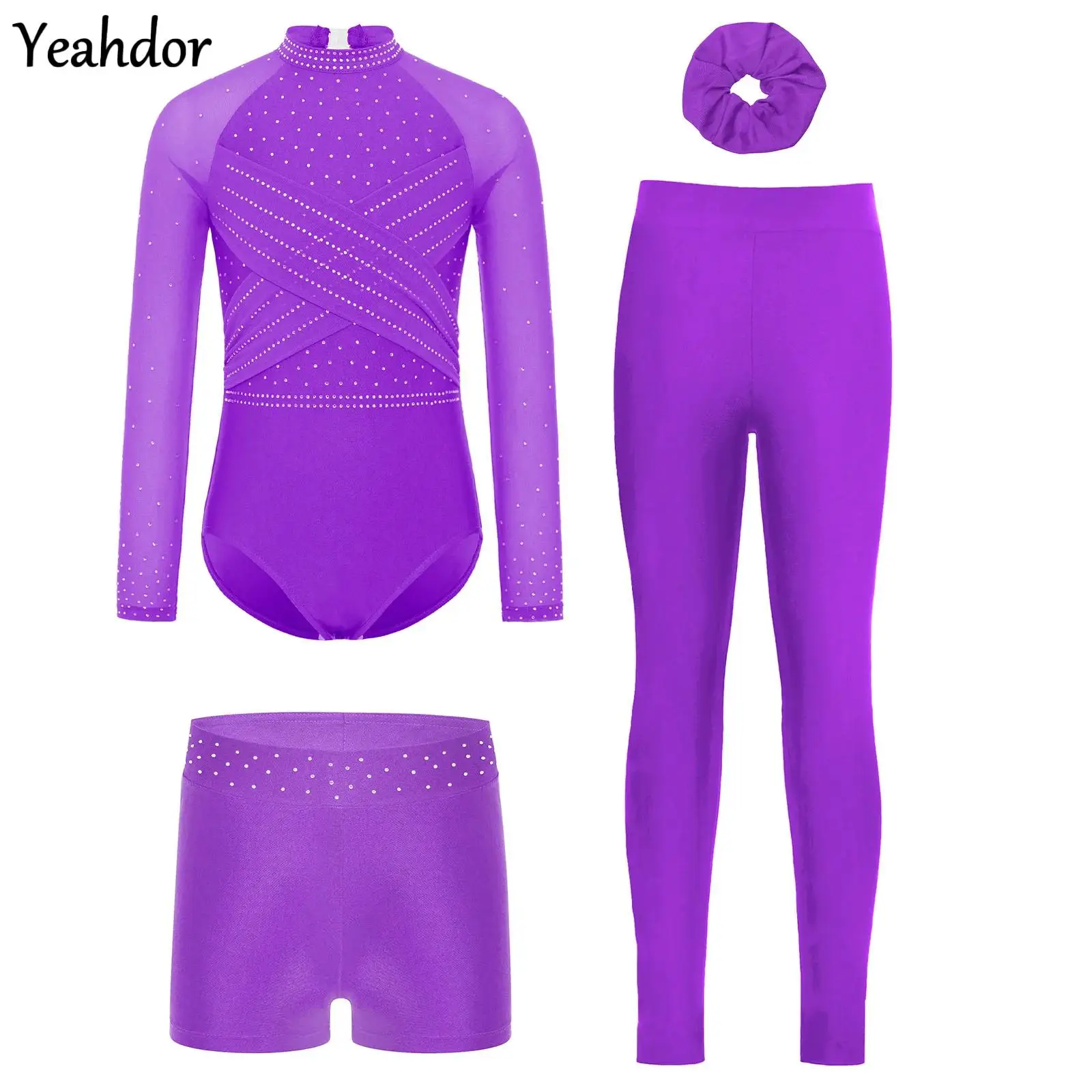 

Kids Girls 4Pcs Gymnastics Leotard Outfit Sheer Mesh Long Sleeves Cutout Back Rhinestone Dance Bodysuit with Shorts Leggings