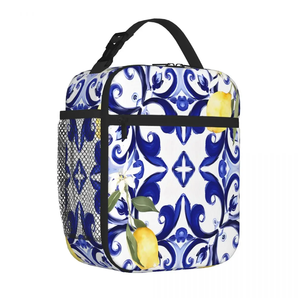 Bestselling Summer,blue Tiles,mosaic,Sicilian Style, Pattern Picnic Style Leakproof Lunch Bag Bus Trip Insulated Food Bag