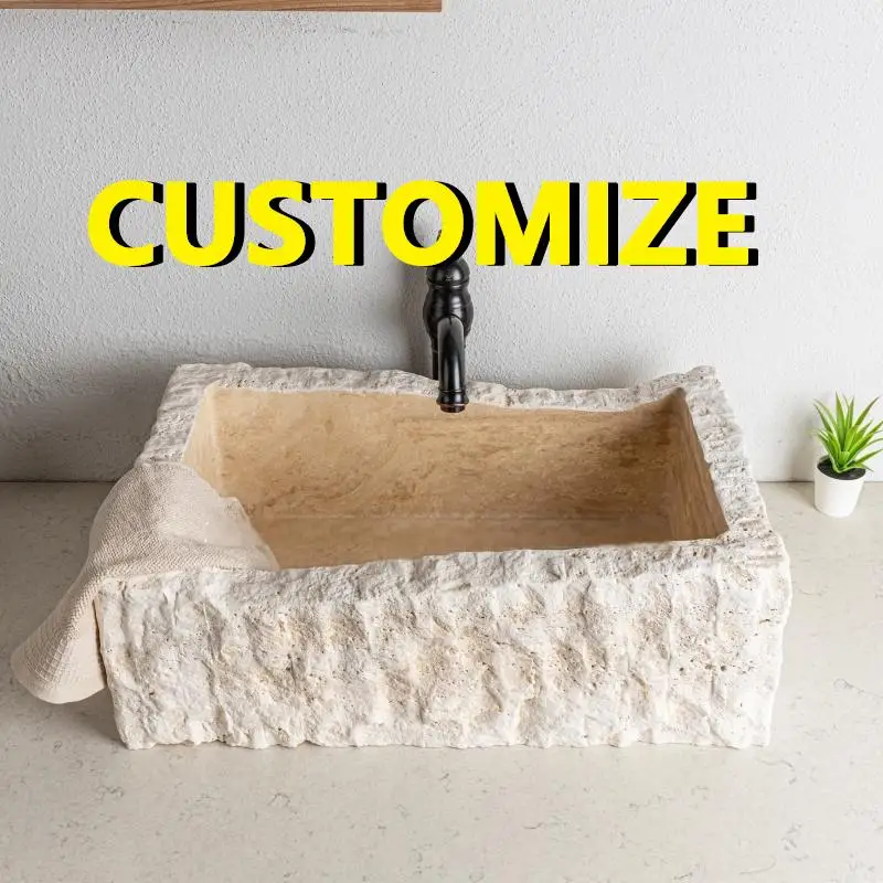 Any Size Custom Natural Travertine Gold Marble Wash Basin Irregular Shape Art Basin Hotel Villa Courtyard Luxury Stone Sink Basi