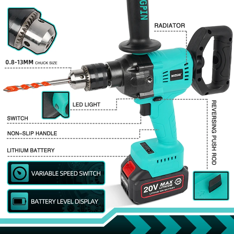 WOSAI MT-Series 20V Brushlessไฟฟ้าเจาะ130NMไขควงไฟฟ้าไร้สาย1/2 "โลหะล็อคอัตโนมัติChuckน้ำแข็งเจาะตกปลา