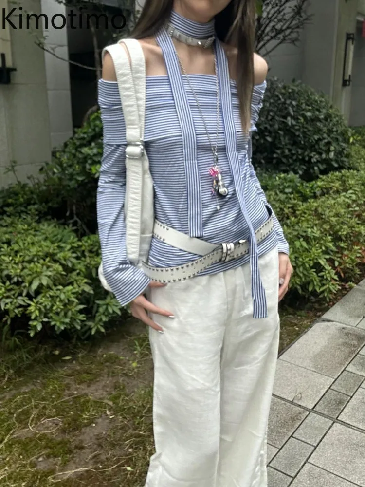 

Kimotimo Blue Striped Ruched Slash Neck T-shirts Women 2025 Autumn Slim Fit Long Sleeve Bottom Tops Vintage Y2k Goth Streetwear