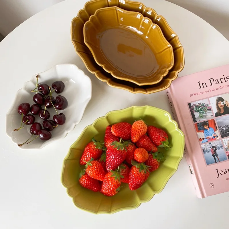 

Wave Edge Ceramic Plate Retro Oval Baking Dish Fruit Salad Dessert Plate