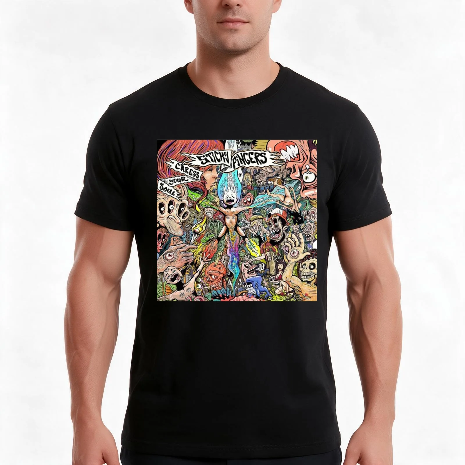 Sticky Fingers caress your soul T-Shirt, Summer Casual Cotton Tee, Oversized Streetwear Tops, Vintage Graphic Print, 100% Cotton