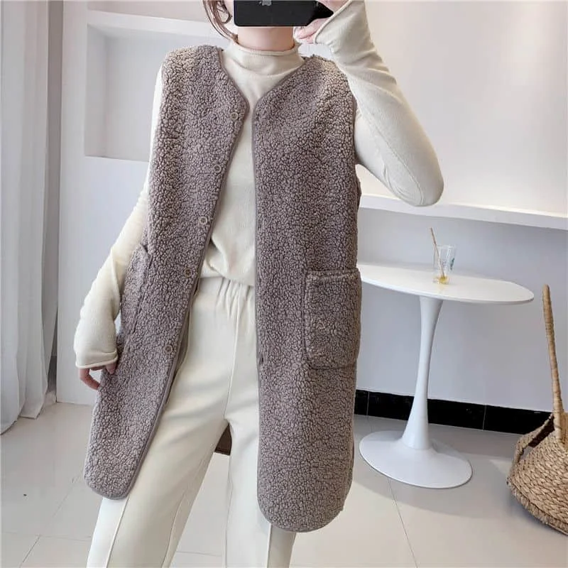Fleece Waistcoats for Women knee length Plush Vests V-neck Casual Sleeveless Cardigans Oversized Winter Jackets Loose Women Tops