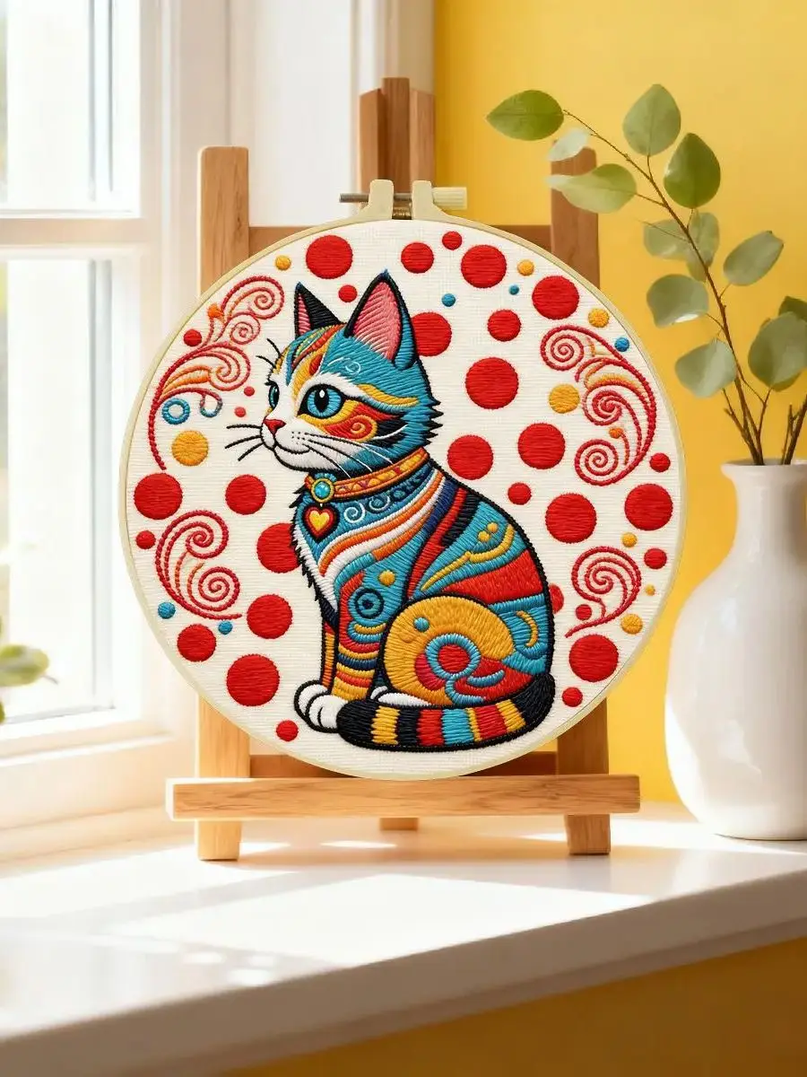 1 Stück 20X20CM/15X15CM 7,87/6,3 Zoll Tier - Katze Stickerei Starter-Kit DIY-Kit DIY-Stickerei-Set für Anfänger – Detail 6