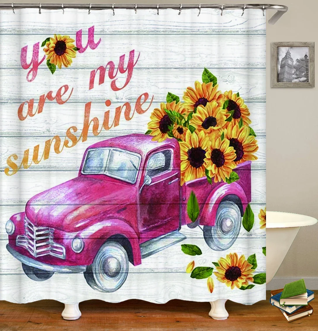 Colorful Flower Sunflower Bathroom Shower Curtains Frabic Waterproof Polyester Vintage Style Car Bath  with Hooks