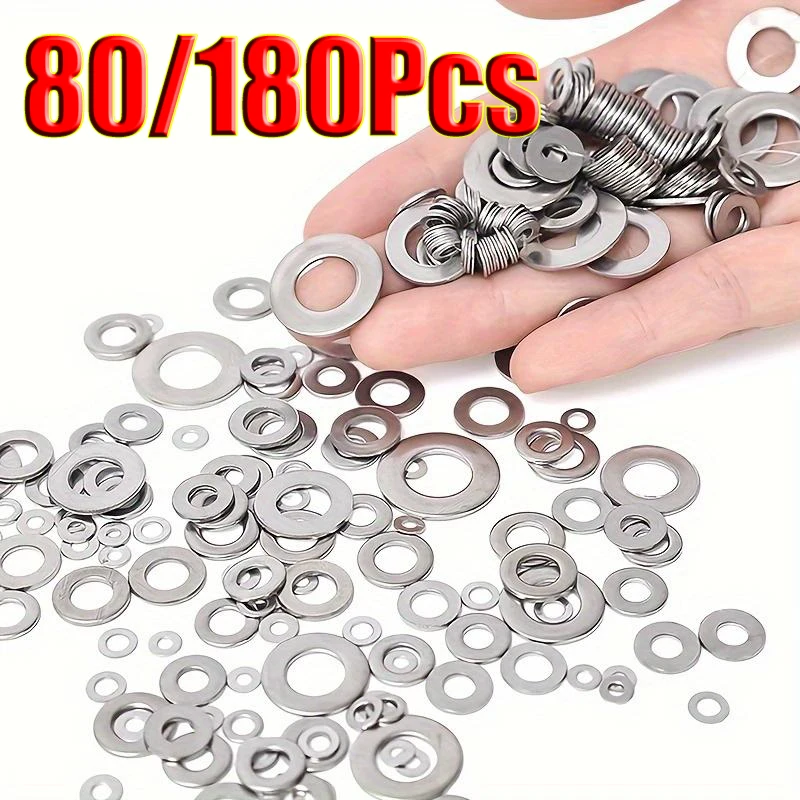 Juego surtido de 80-180 piezas de acero inoxidable, kit de arandelas planas con caja de almacenamiento personalizada, varios tamaños (M2-M10) para tornillos y pernos