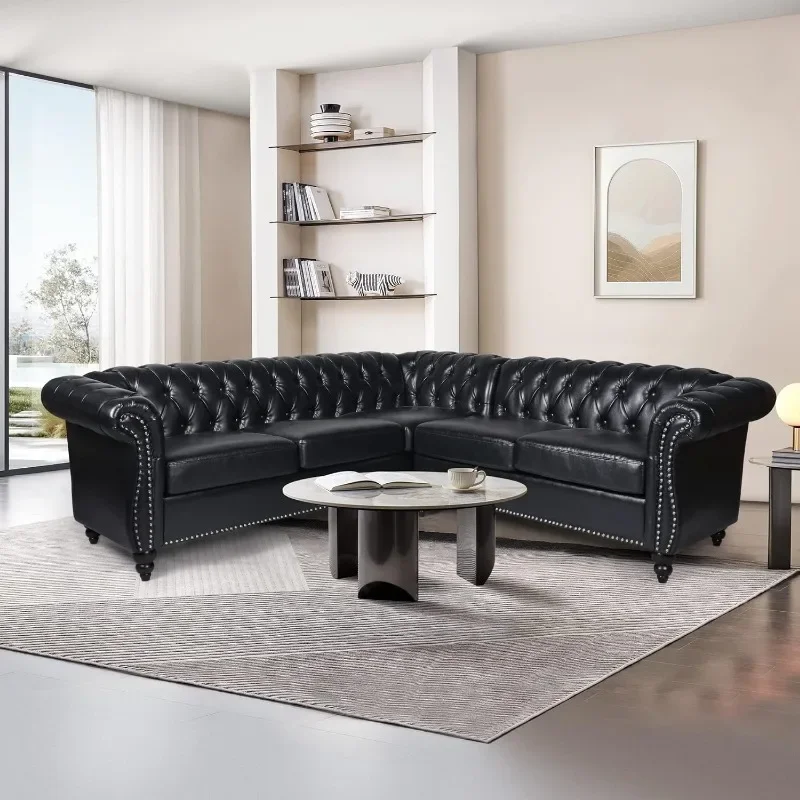 

-L-Shaped Sofa, Sectional Chesterfield Couch 5-Seater Velvet Upholstered Small Accent Tufted Sofa With Rolled Armrest