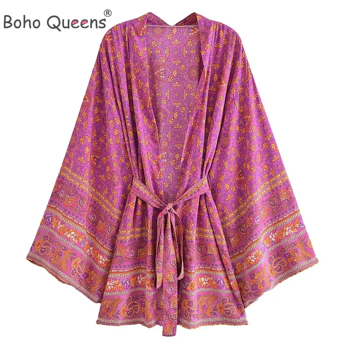 Boho Queens Women Floral Print Sashes Batwing Sleeve Beach Bohemian Kimono Robe Ladies V Neck Tassel Summer  Bikini Cover-ups