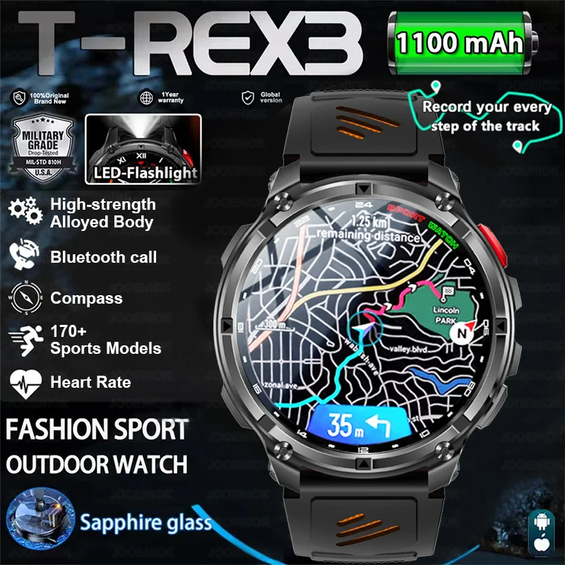

T-Rex3 Ultra 1100Mah Military Smart Watch Men GPS Compass LED Flashlight 1.7"AMOLED 5ATM Waterproof Smartwatch For Android IOS