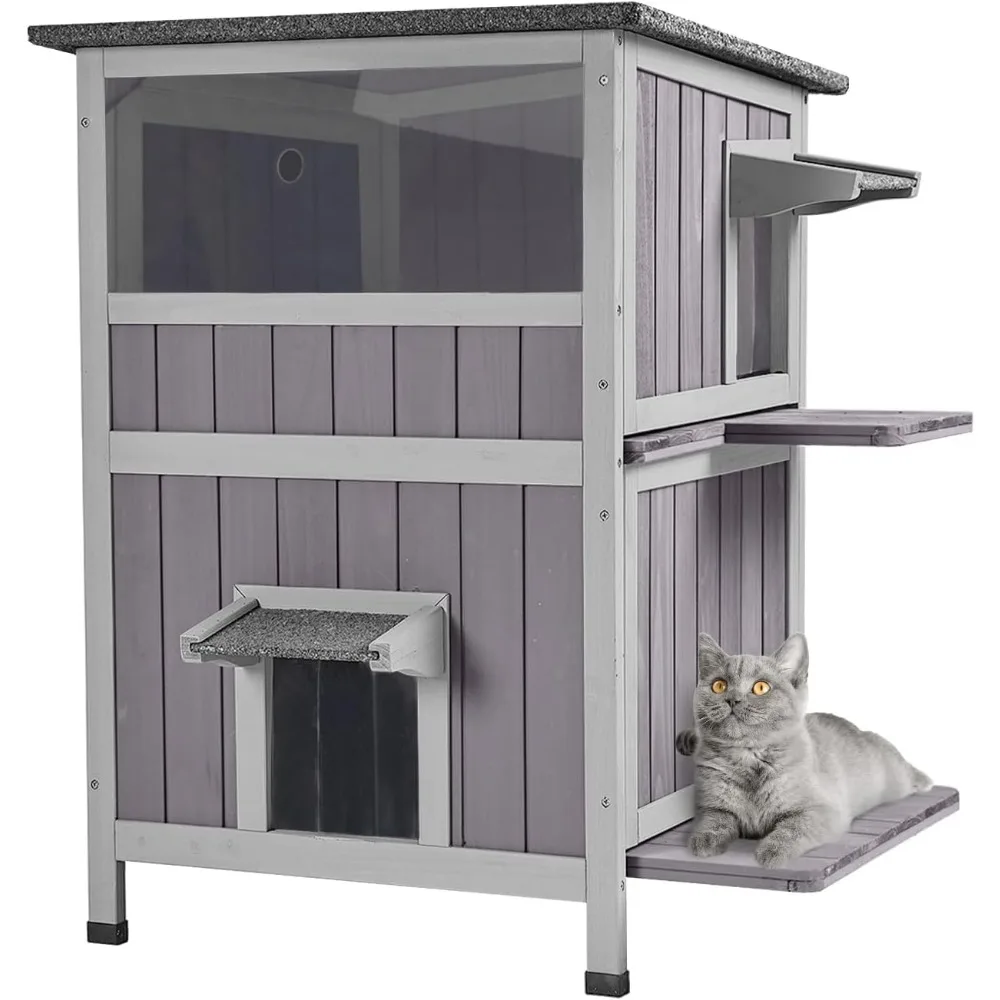 

Outdoor Cat House，Two-Story Feral Cat Shelter，Wooden Cats Condos,Weatherproof Cats Enclosure for Winter with Escape Doors