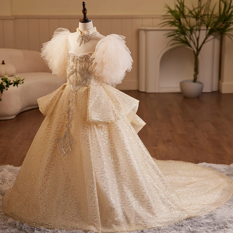 Champagne Girl Kid Floor-Length Tulle Dress Butterfly Sleeve High O-Neck Chiffon Ball Gown Beading Sequin Wedding Party Vestidos