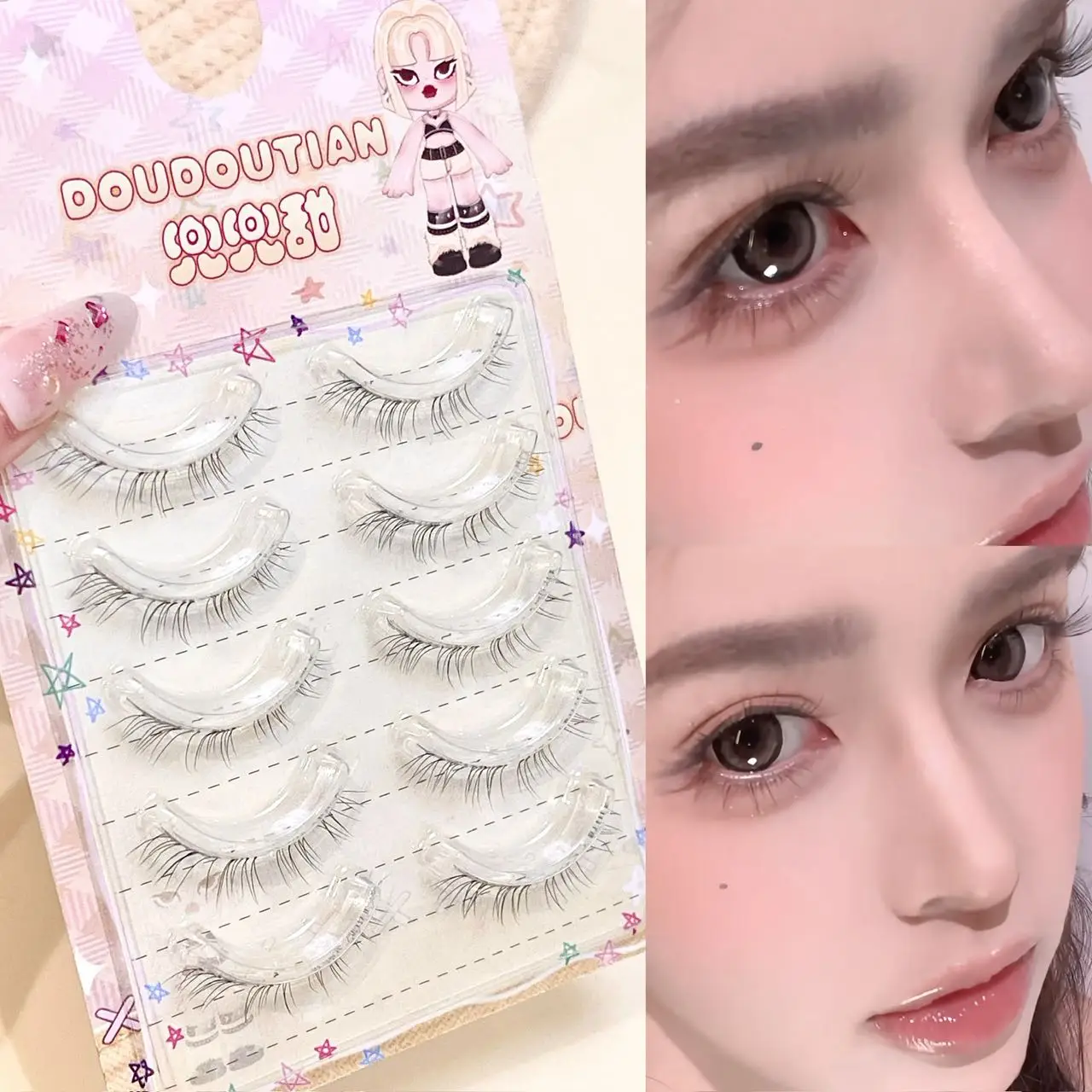 Doudoutian Natural Inborn Full Strip Lower Lashes Invisible Clear Soft Band All-Day Stable Easy Paste Daily Nude Makeup