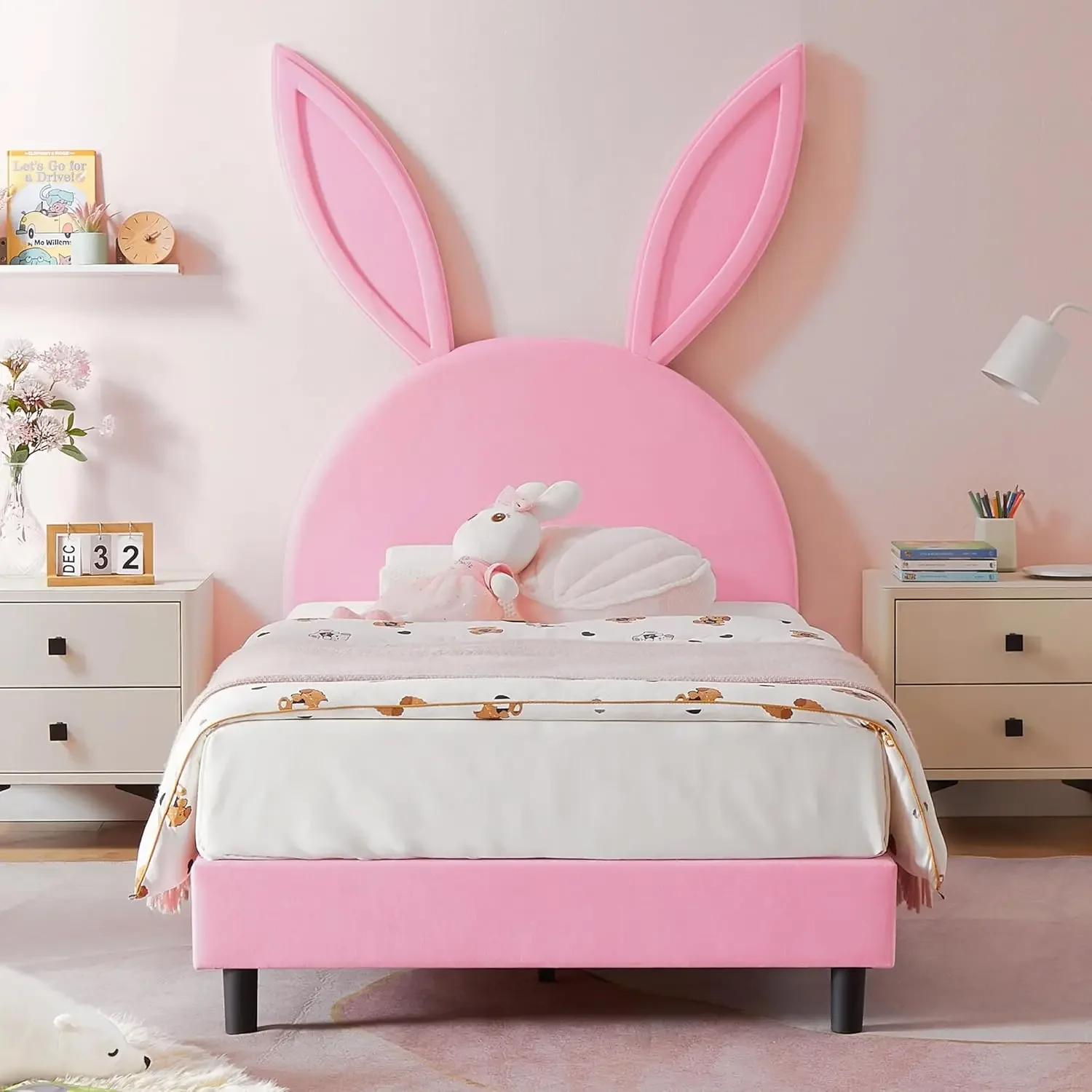 Pink Twin Bed Frame with Bunny Ear Headboard, Upholstered Velvet Padded for Girls, Sturdy Wood Slats, No Box Spring Needed