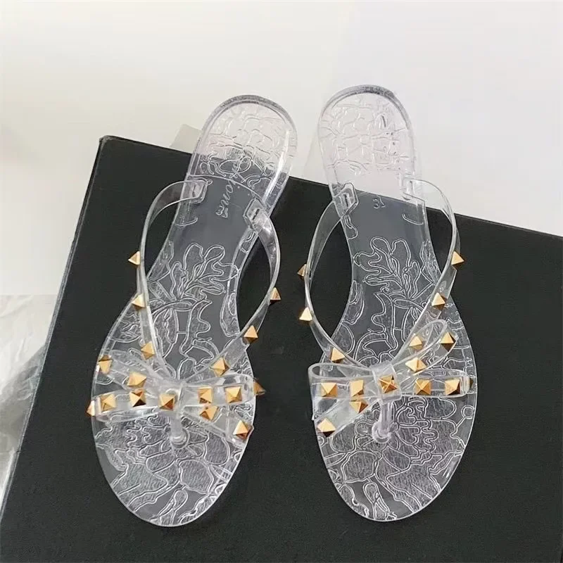 2026Summer Women Slippers Bow Flip Flops Rivet Flats Sandals Outdoor Transparent Crystal Beach Shoes Female Open Toe Shoes view 4