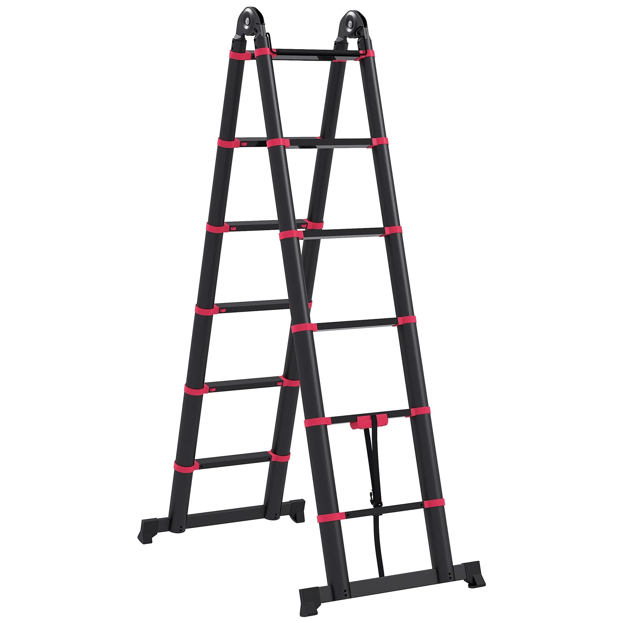 HOMCOM aluminum ladder folding 2 ways of use 379x67,5x11 cm black and red