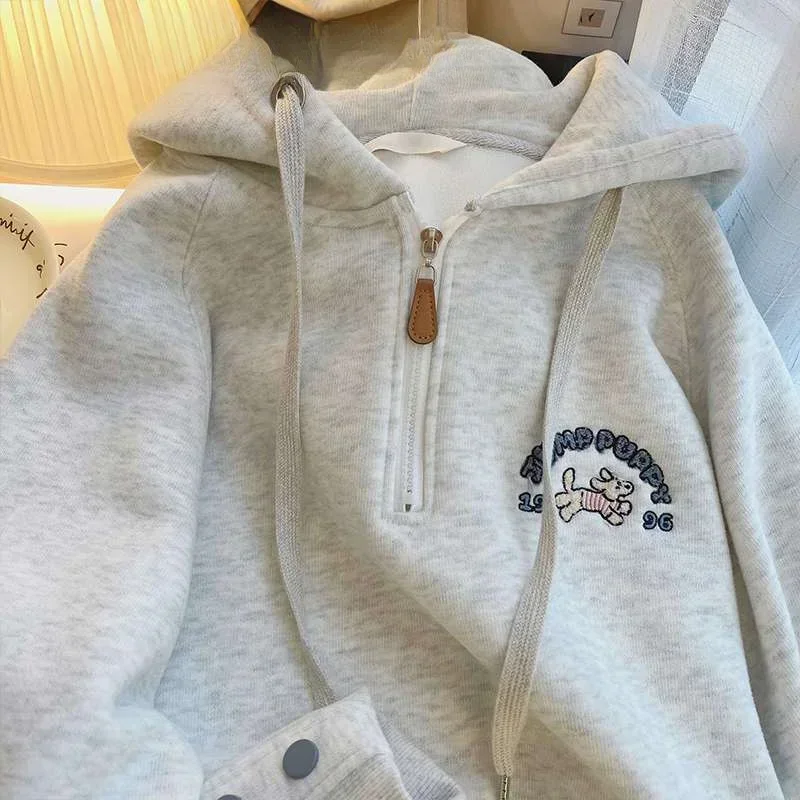 Shi Yinxin Fashion Cartoon Embroidered Hooded Sweatshirt Women 2024 Spring and Autumn Thin American Loose Half Zip y2k Trendy