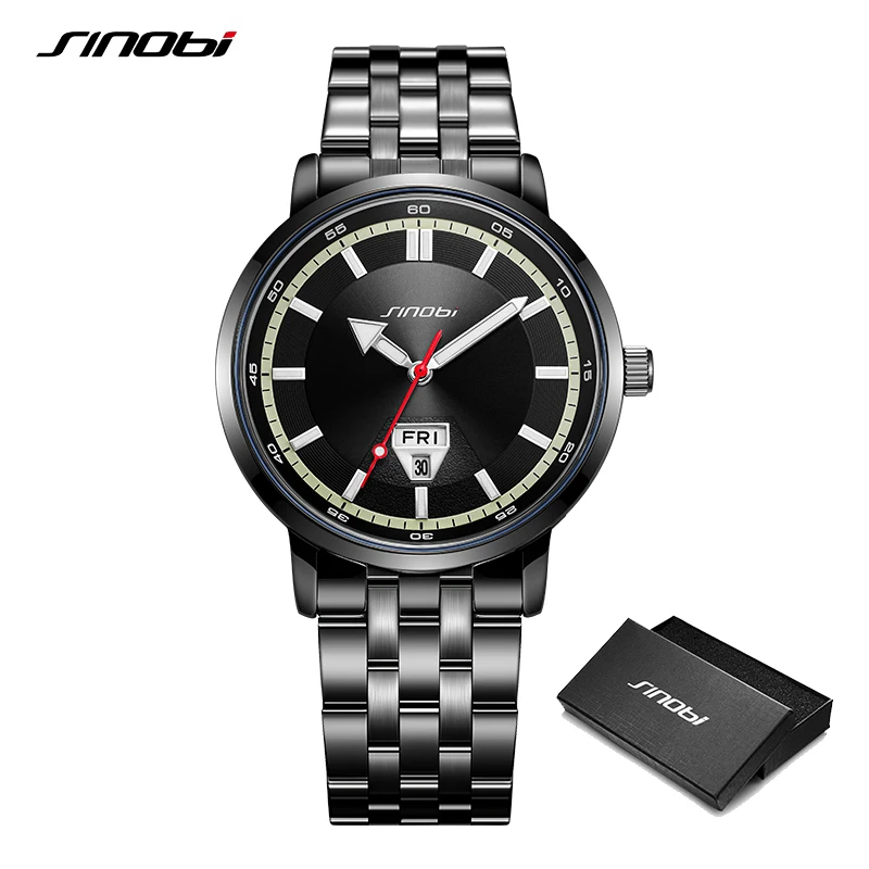 SINOBI New Design Men\'s Quartz Watches Original Calendar Week Display Mans Wristwatches Stainless Steel Top Luxury Male Business