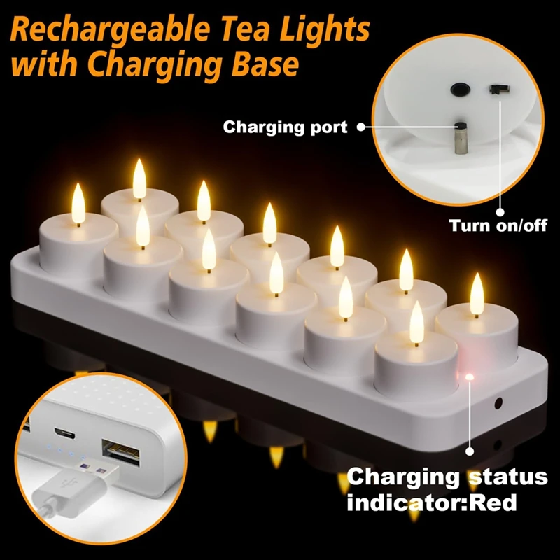 ●Rechargeable Tea Lights Candles, 12 Pcs Rechargeable Candles with Remote Charging Base, LED Flameless Candles-A57M