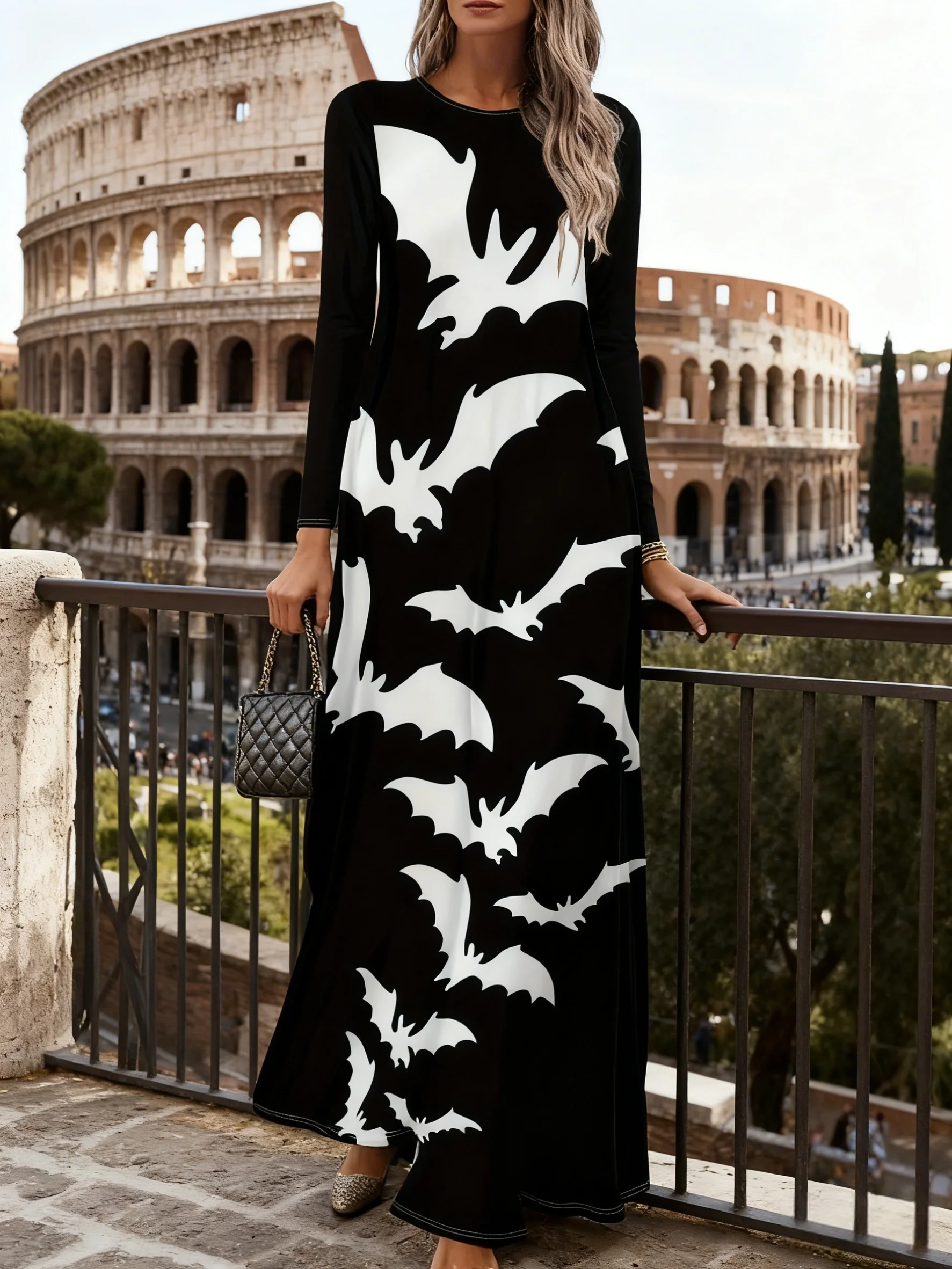 Damen-Kleid mit langen Ärmeln und Rundhalsausschnitt, lässig, für den Sommerurlaub, fließendes A-Linien-Midikleid für Damen, Frühling und Herbst, modische Streetwear