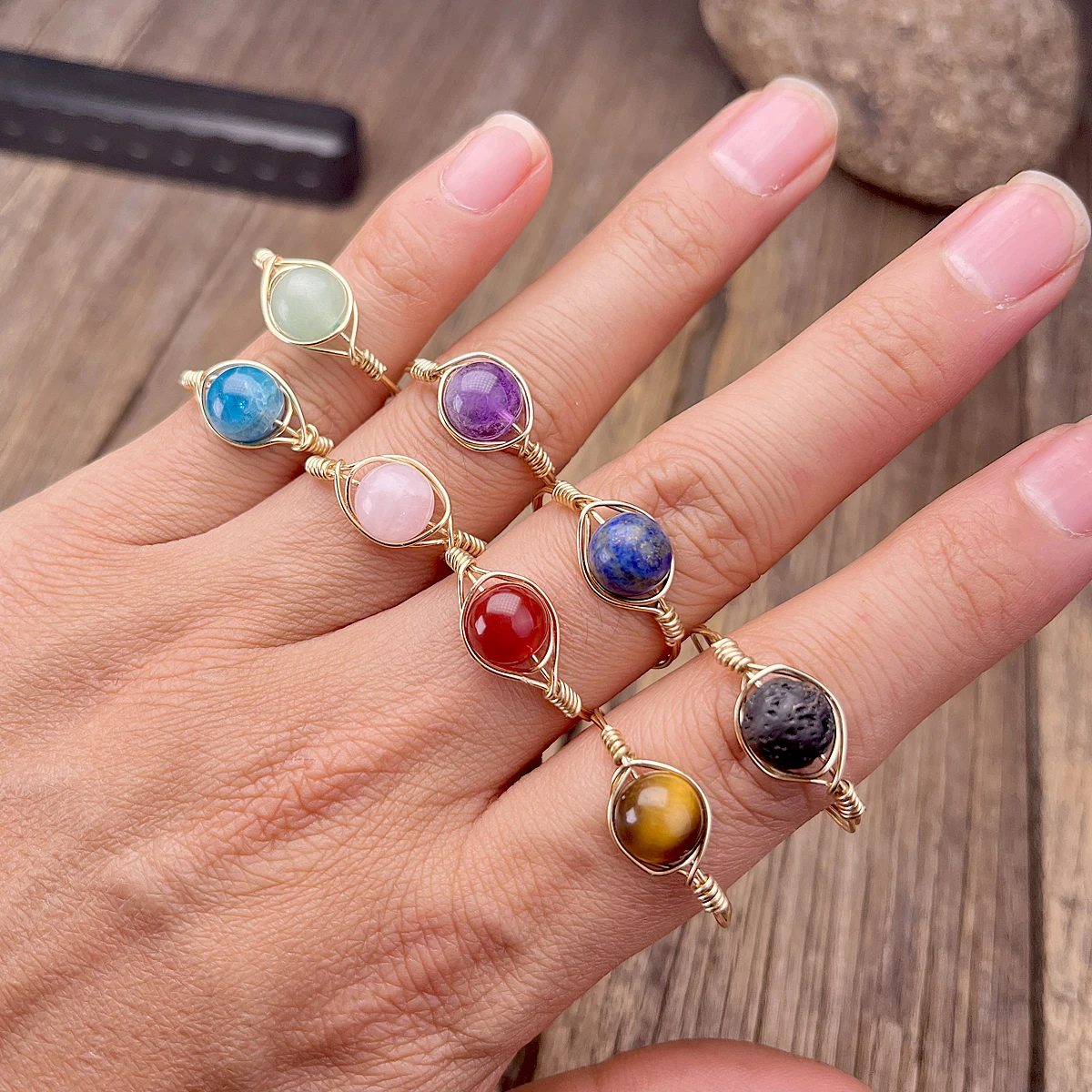 Dainty Friendship Copper Plated With 14K Gold Wire Wrapped Stone Rings Healing Crystals For Women Custom Hippie Jewelry