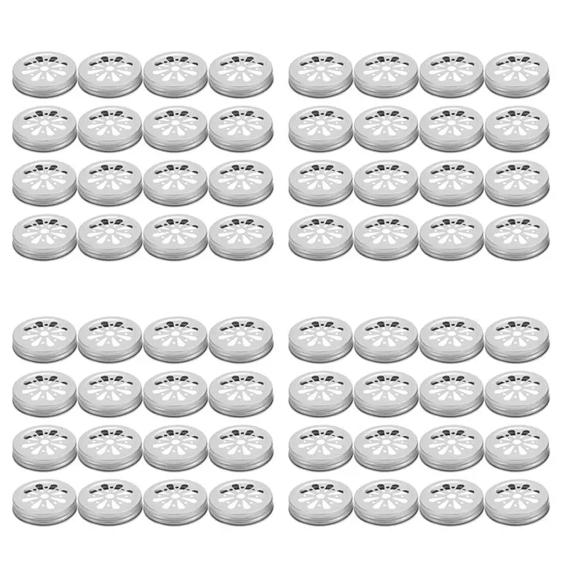LICE-64Pcs Regular Mouth Can Jar Lid Rust Proof Daisy Cut With Straw Hole Hollow Flower Cover For Ball,Canning Jars,Etc