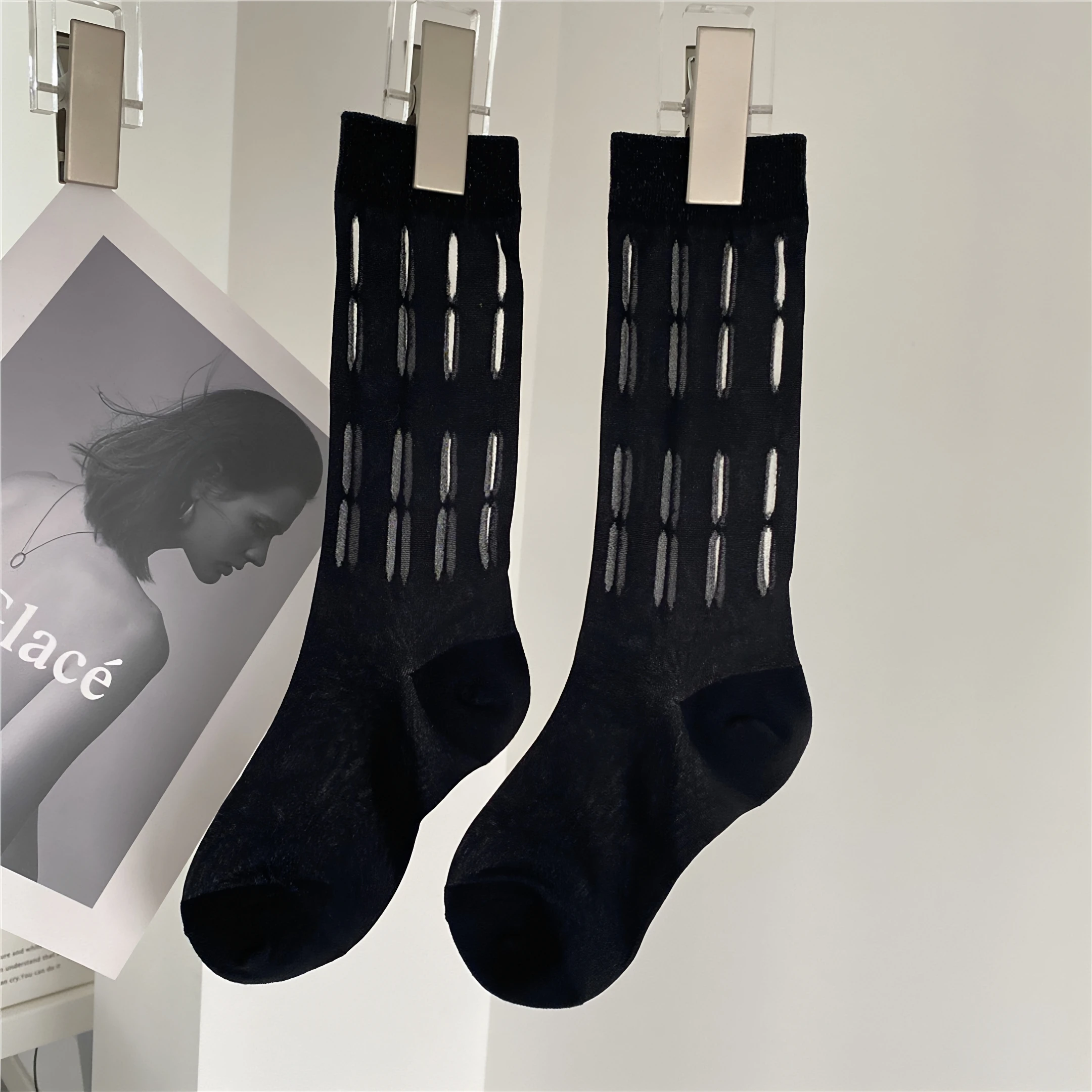 Black Splicing Pure Color Mid-Calf Socks Hole Design Simple Style Autumn New Arrival Women's Comfortable Breathable Fashionab...