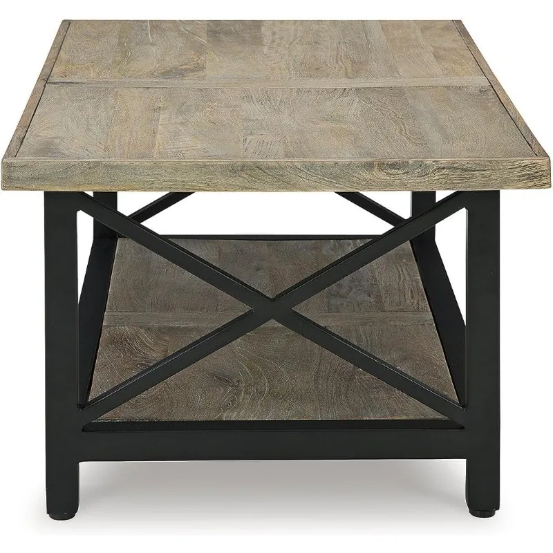 Coffee Table, Made with Mango Wood and Metal Tabletop and Open Lower Shelf Have A Light Brown Wood-tone Finish