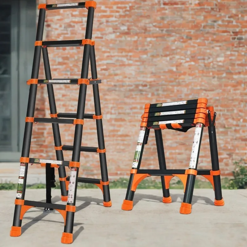 A-Frame Aluminum Telescopic Ladder with 1-Button Retraction, Portable Extension Ladder Adjustable Lightweight Folding Ladder