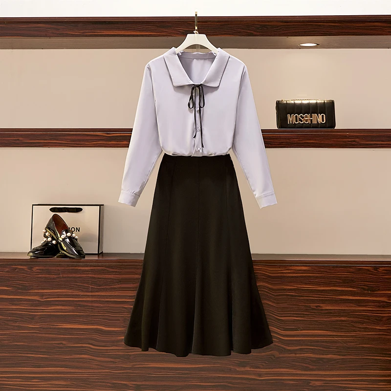 

Casual Office Two-piece Set For Women Long Sleeve Blouse Tops And High Waist Skirt Large Size Female Spring Autumn Matching Suit