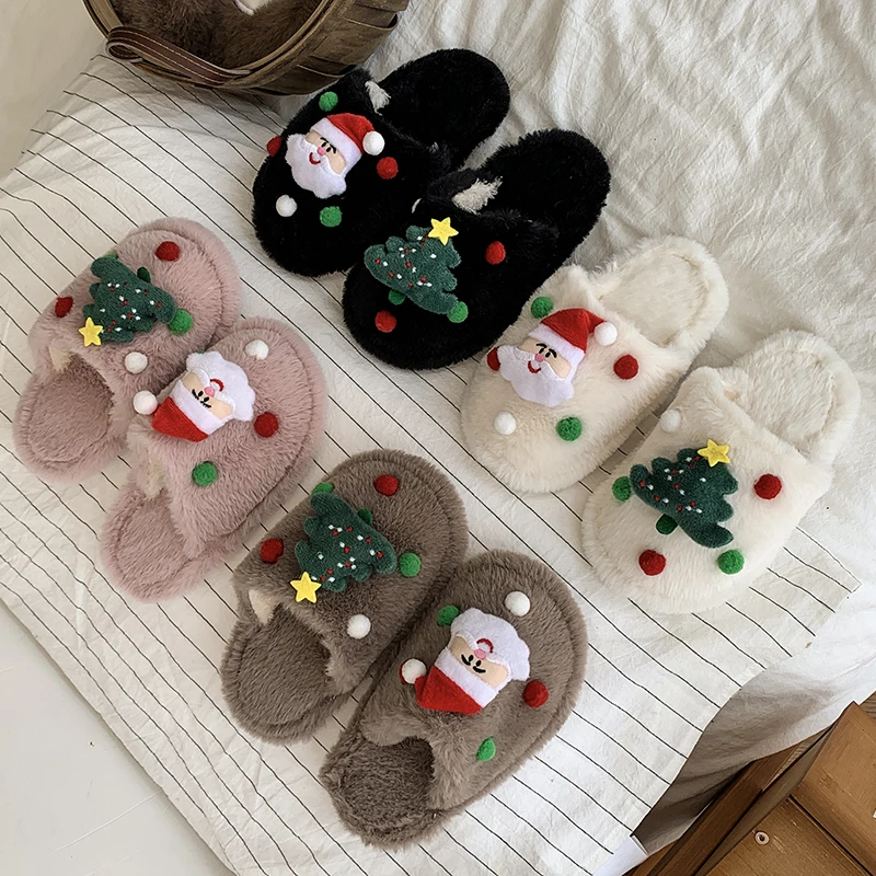 Children's Winter Plush Slippers Christmas Santa Tree Decor Comfy Open - Toe Kids Cotton-padded Cute Shoe Children Fuzzy Slides