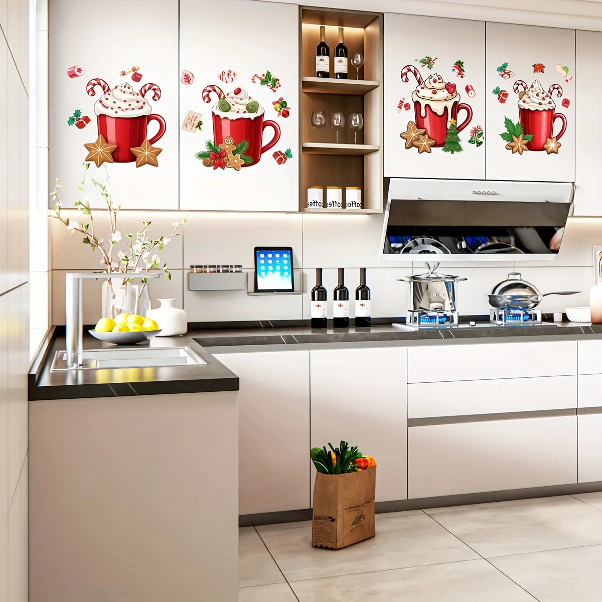 2pcs Christmas Hot Drink Cup Cabinet Stickers, Red & White Candy Cane & Gingerbread Man Decor Wall Decals