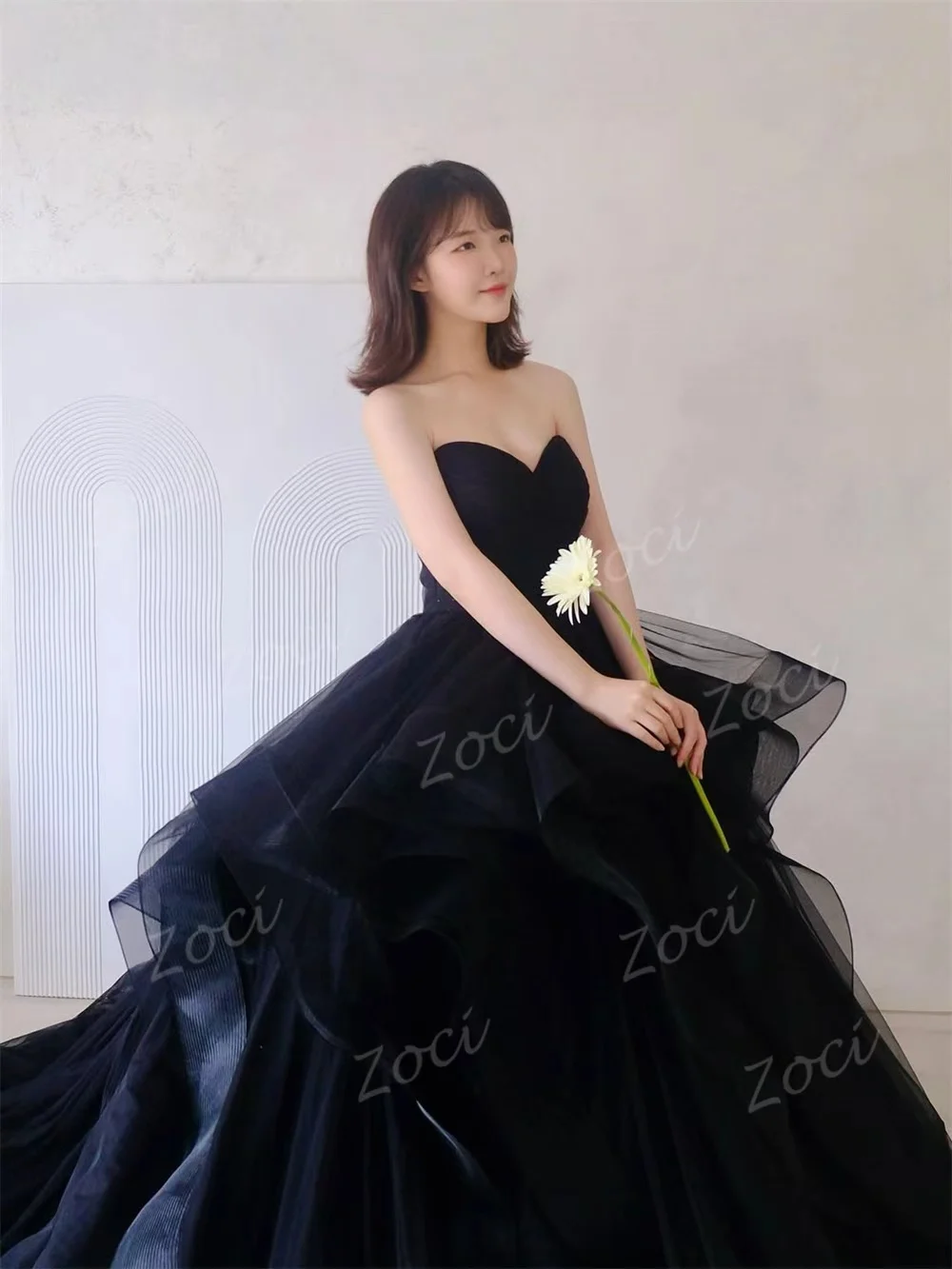 Zoci fada tule querida preto coreia vestidos de casamento personalizado em camadas sem mangas recepção de casamento fotos sessão vestido de festa