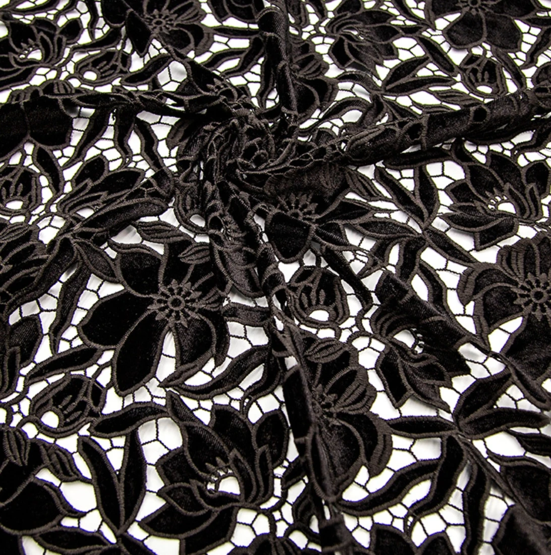 New Velvet Lace Black Laser Cutting Embroidered Milk Silk Fabric For Women Edge  Border Clothing Decration Sewing By 2 YDS