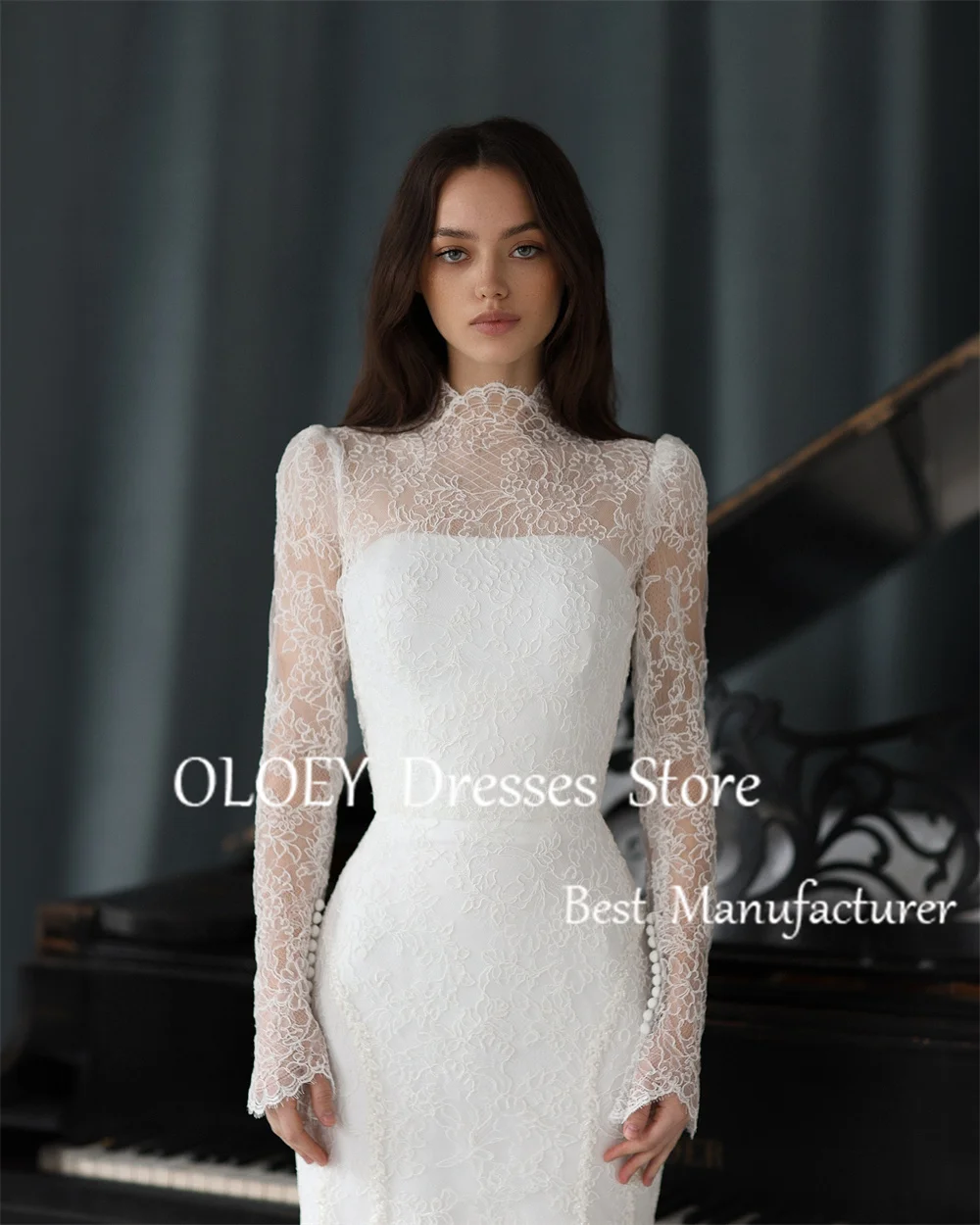 OLOEY Abito da sposa a sirena in pizzo di lusso maniche lunghe abito da sposa avorio collo alto lunghezza pavimento bottoni Sweep Train personalizzato