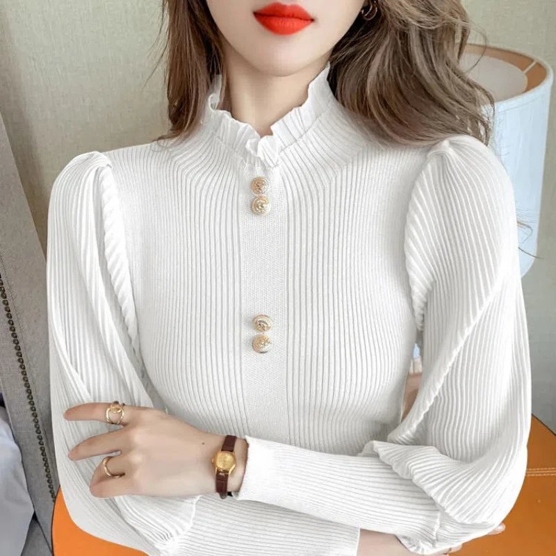 Temperament Autumn Sweaters Women\'s Mock Neck Solid Button Chiffon Patchwork Lantern Sleeve Fashion Slim Long Sleeve Knit Tops