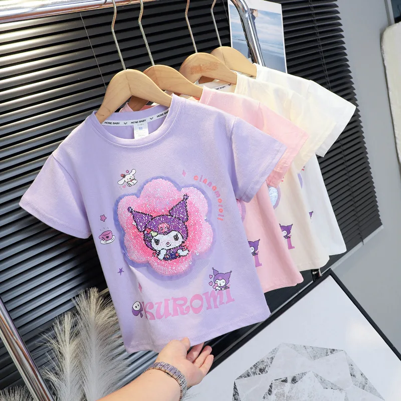 

Children's Short Sleeved Cotton Kuromi Pattern Change Tee Summer T-Shirt Baby Cartoon Girls Short Sleeve Tops Children's Wear