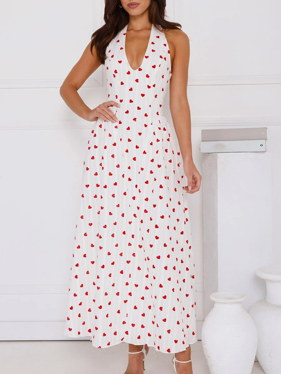 Women Long Dress Valentine's Day Heart Print Tie-Up Halter Neck Sleeveless A-line Dresses Maxi Summer Party Cocktail Sundress