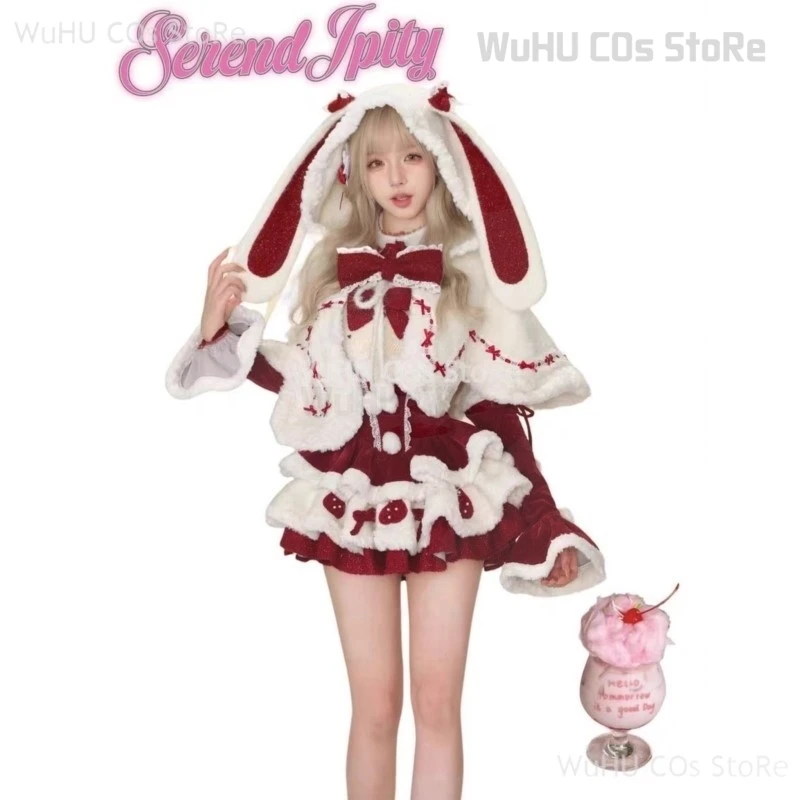 

Winter Kawaii Lolita Dress Sets Women Bow Hooded Shawl Short Jackets Plaid Patchwork Mini Dresses Korean Christmas New Year Suit