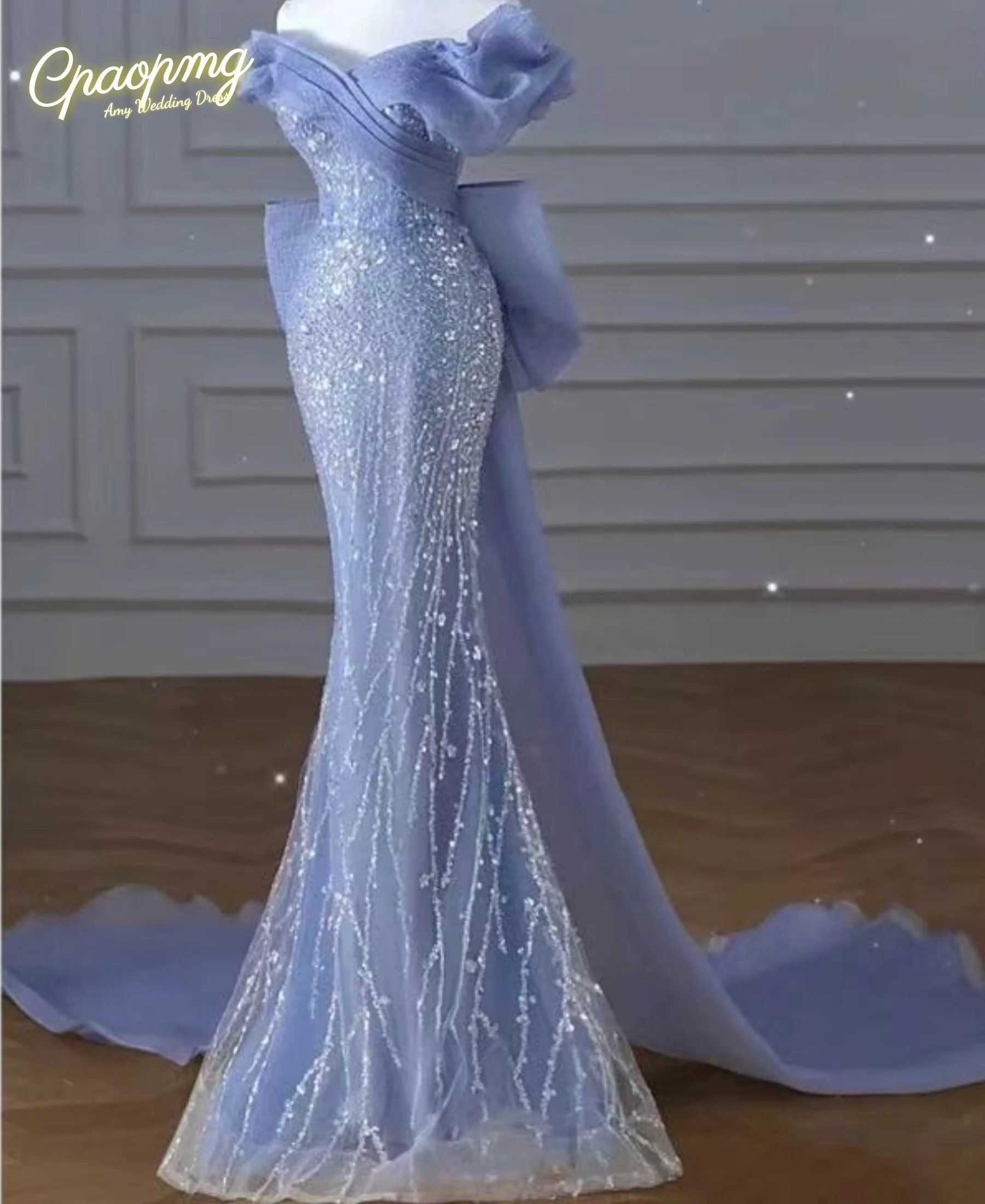 Customized Luxury Blue Off Shoulder Patchwork Slash Neck Sequin Mermaid Detachable Bow Train Pleated Evening Dress vestidos