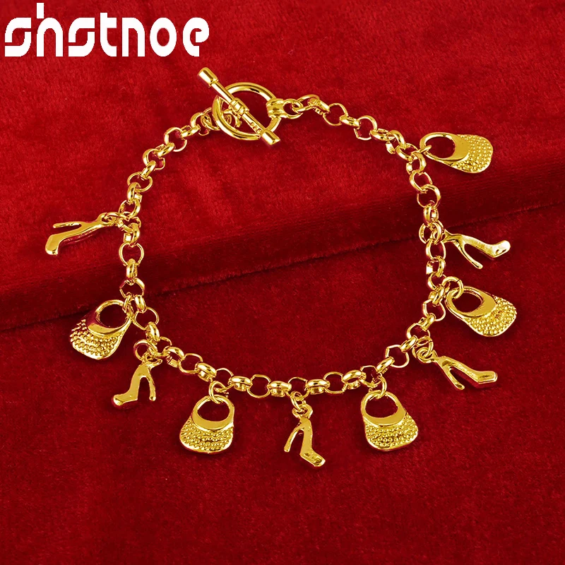 

SHSTONE 24K Gold Bag High Heels Pendant Bracelets For Woman Fashion Party Wedding Engagement Charm Jewelry Christmas Gift